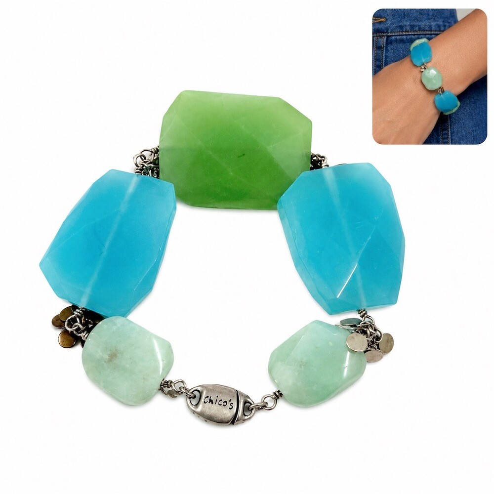 Chico's Chunky Faceted Bead Bracelet Aqua Blue Green Magnetic Clasp statement